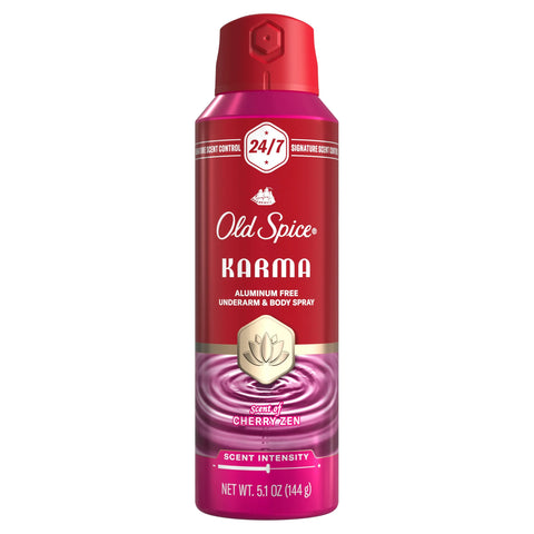 Old Spice Aluminum Free Body Spray for Men, 24/7 Signature Scent & Lasting Freshness, All-Day Odor Protection, Easy Application, Karma with Cherry Spice, Black Pepper, + Sandalwood Scent, 5.1 oz
