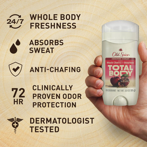 Old Spice Whole Body Deodorant Stick for Men, Aluminum Free, Black Cherry + Bourbon Scent, 24/7 Odor Protection, 24/7 Freshness, Dermatologist Tested, Gentle on Skin, Safe to Use All Over, 3.0 oz