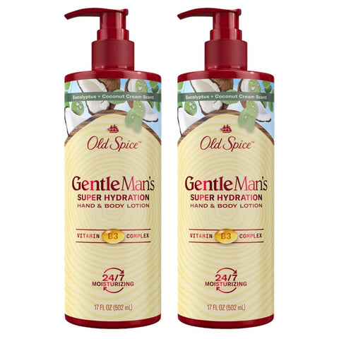Old Spice Hand & Body Lotion for Men, Gentleman's Super Hydration, 24/7 Moisturizing with Vitamin B3 Complex, Fast Absorping, Eucalyptus & Coconut Cream, 17 oz (Pack of 2)