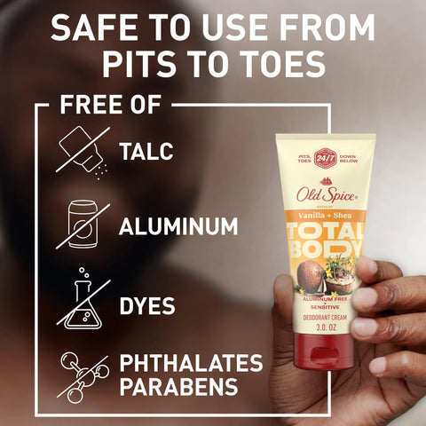 Old Spice Whole Body Deodorant Cream for Men, Aluminum Free, Vanilla + Shea Scent, 24/7 Odor Protection, 24/7 Lasting Freshness, Dermatologist Tested, Gentle on Skin, Safe to Use All Over, 3.0 oz