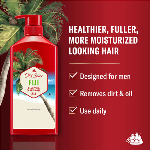 Old Spice Men's 2-in-1 Shampoo and Conditioner, Fiji, Coconut & Tropical Wood Scent, Healthier, Fuller, Moisturized Looking Hair, 21.9 Fl Oz Each, Twin Pack