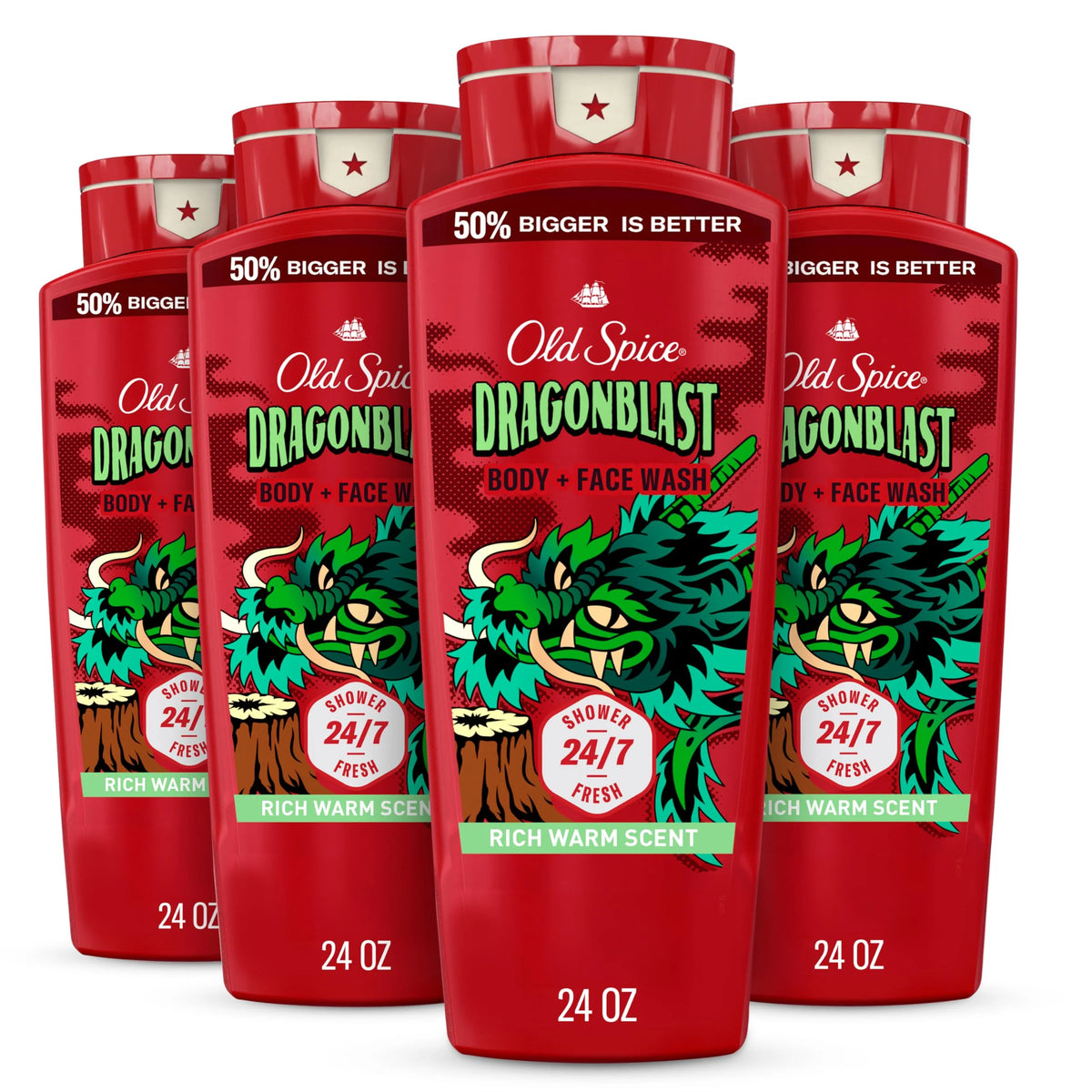 Old Spice Cleansing Body Wash for Men, 3X Defense, 24/7 Shower Fresh with Lasting Scent, 2-in-1 Body & Face Wash, Dragonblast Scent, 24 oz (Pack of 4)