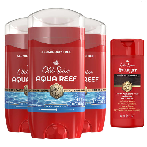 Old Spice Aluminum Free Deodorant for Men, 24/7 Odor Protection, 24/7 Freshness & Lasting Scent, Aqua Reef with Cypress Scent, 3.0 oz with Travel Size Swagger Body Wash (Pack of 4)