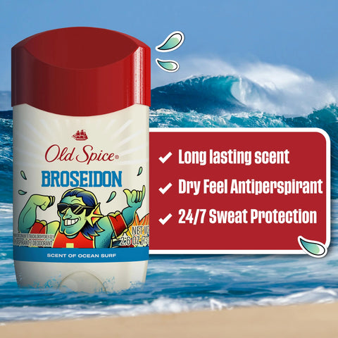 Old Spice Dry Feel Antiperspirant Deodorant for Men, Summerdudes, 24/7 Sweat & Odor Protection, 24/7 Sunny Freshness & Long Lasting Scent, Invisible Solid, Broseidon with Ocean Surf Scent, 2.6 oz