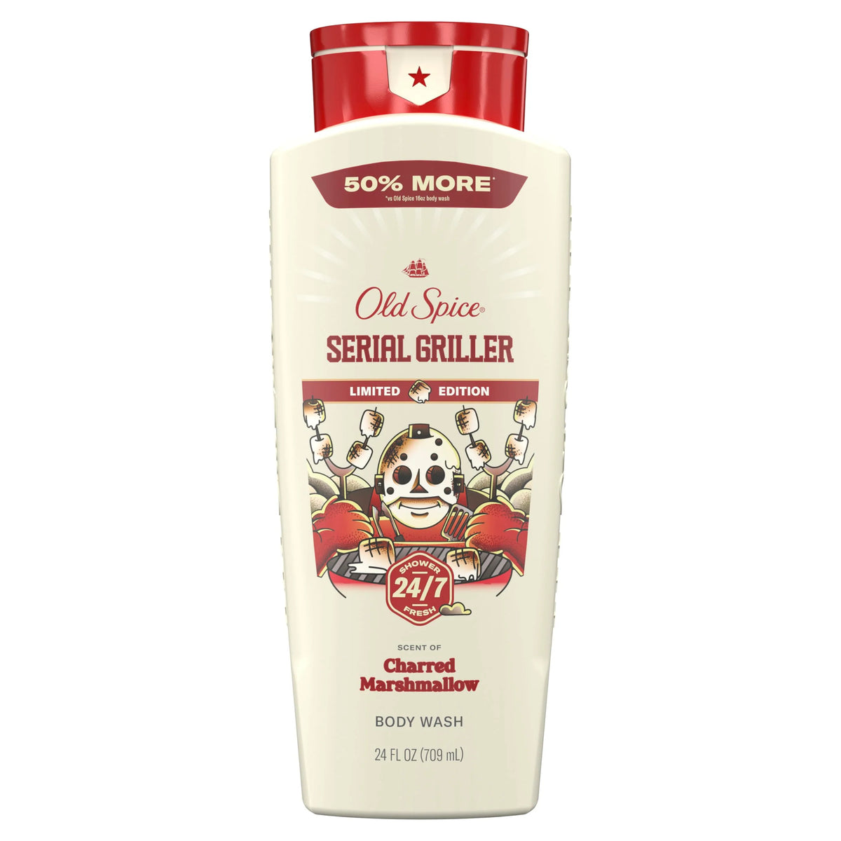 Old Spice Body Wash for Men, Summerdudes, 24/7 Shower Fresh with Daily Use, Long Lasting Scent, Cleanse & Refresh Skin, VIP Festival Experience, Serial Griller with Charred Marshmallow Scent, 24 oz