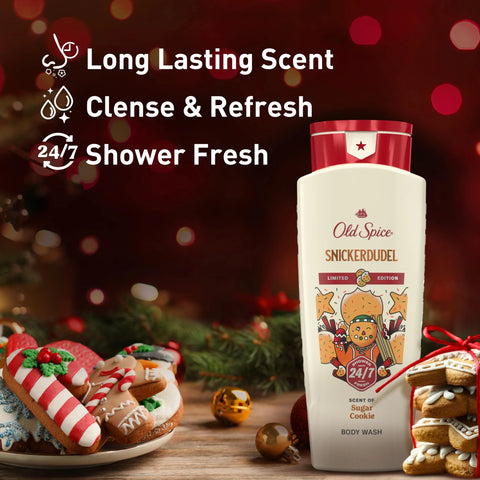 Old Spice Body Wash + Aluminum Free Deodorant for Men, Holidudes: Snickerdudel Holiday Pack, 24/7 Holiday Freshness, Gift Box for Him, Snickerdudel Sugar Cookie, 16 oz & 2.6 oz (Pack of 2)