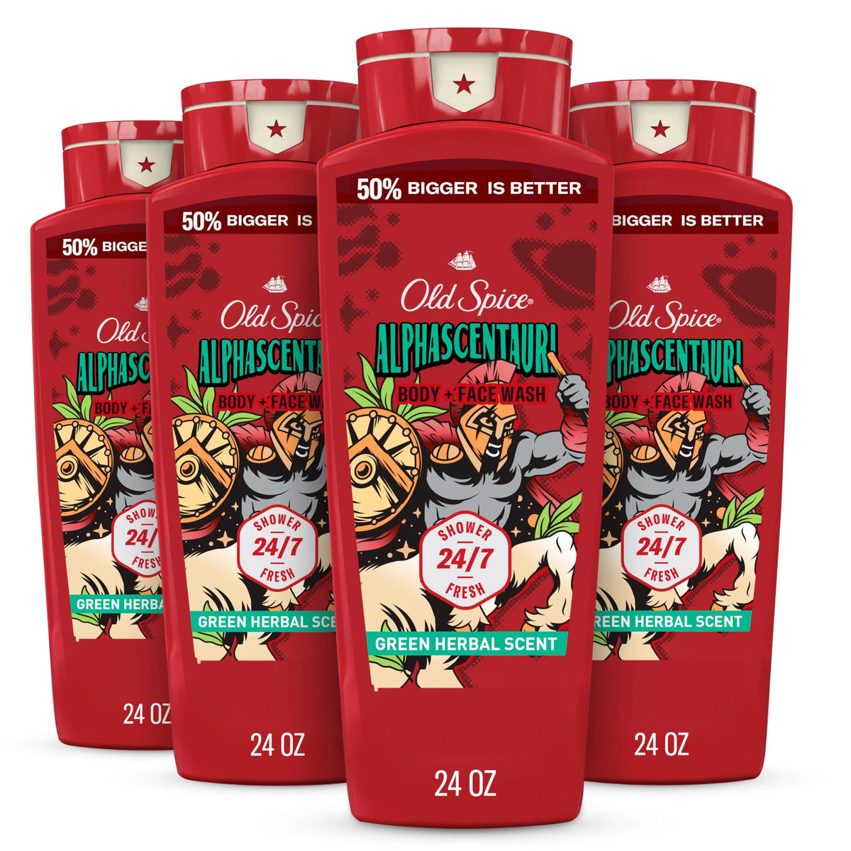 Old Spice Cleansing Body Wash for Men, 3X Defense, 24/7 Shower Fresh with Lasting Scent, 2-in-1 Body & Face Wash, Alphascentauri with Green Herbal Scent, 24 oz (Pack of 4)