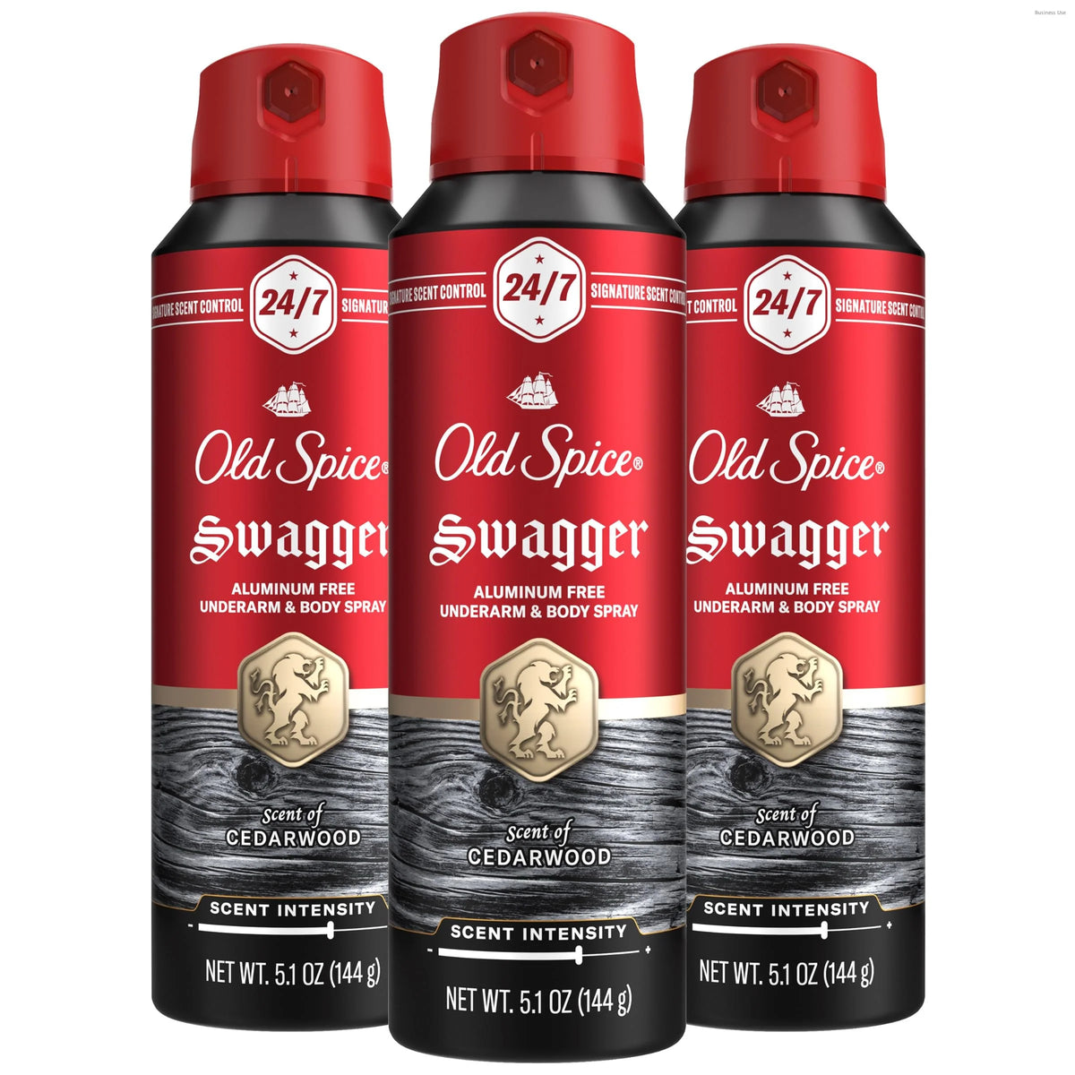 Old Spice Aluminum Free Body Spray for Men, 24/7 Signature Scent & Lasting Freshness, All-Day Odor Protection, Easy Application, Swagger with Cedarwood, Apple, & Fresh Herbs Scent, 5.1 oz (Pack of 3)