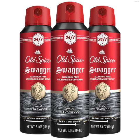 Old Spice Aluminum Free Body Spray for Men, 24/7 Signature Scent & Lasting Freshness, All-Day Odor Protection, Easy Application, Swagger with Cedarwood, Apple, & Fresh Herbs Scent, 5.1 oz (Pack of 3)