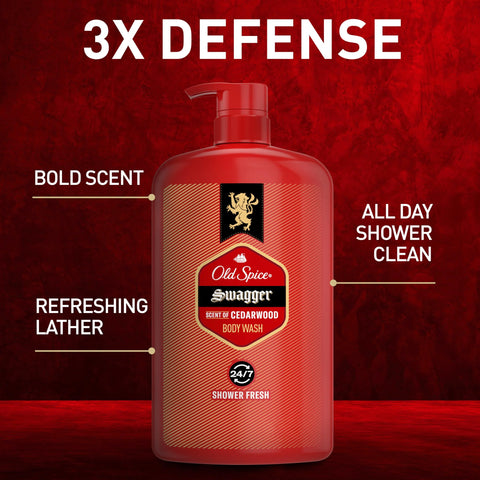 Old Spice Body Wash for Men, Refreshing 3X Defense, 24/7 Shower Fresh with Long Lasting Scent, Red Collection, Swagger with Cedarwood Scent, 33.4 oz (Pack of 4)
