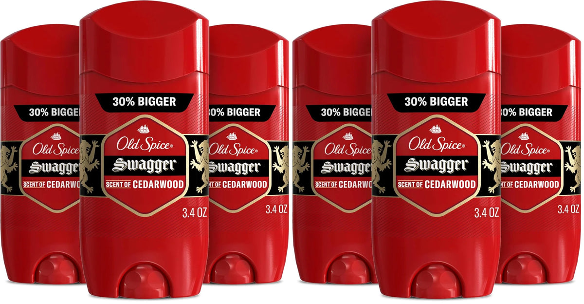 Old Spice Antiperspirant Deodorant for Men,24/7 Sweat & Odor Protection,24/7 Lasting Freshness,Invisible Solid,Swagger with Cedarwood Scent,3.4 oz,(Pack of 6)