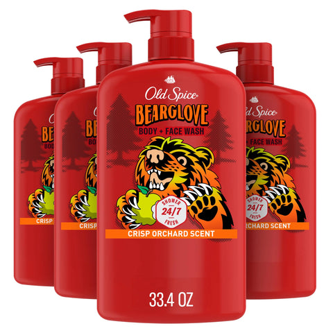 Old Spice Cleansing Body Wash for Men, 3X Defense, 24/7 Shower Fresh with Lasting Scent, 2-in-1 Body & Face Wash, Bearglove with Crisp Orchard Scent, 33.4 (Pack of 4)