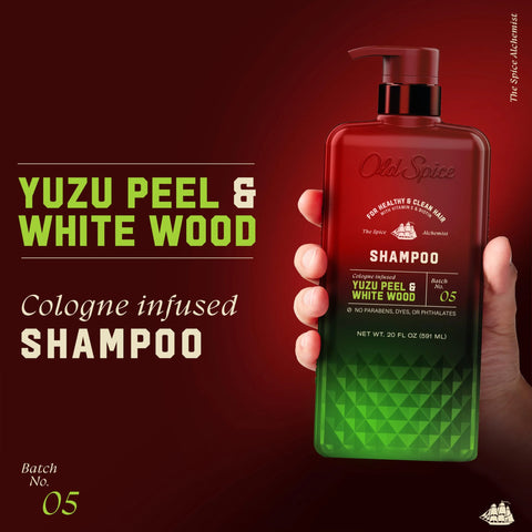 Old Spice Men's Shampoo, The Spice Alchemist Collection, Cologne-Infused Yuzu Peel & White Wood Scent, Free of Parabens & Phthalates, 20.0 fl oz