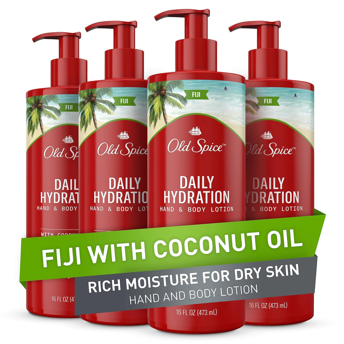 Old Spice Hand & Body Lotion for Men, Daily Hydration, 24/7 Hydration, 24/7 Replenishing Rich Moisture for Dry Skin, Lightweight Formula, Fiji with Coconut Oil Scent, 16 fl (Pack of 4)