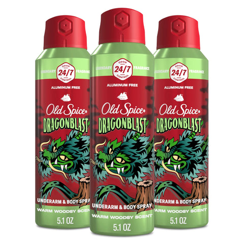 Old Spice Aluminum Free Body Spray for Men, 24/7 Odor Protection, 24/7 Lasting Fragnance & Freshness, Cologne Quality Scent, Dragonblast with Warm Woodsy Scent, 5.1 oz (Pack of 3)