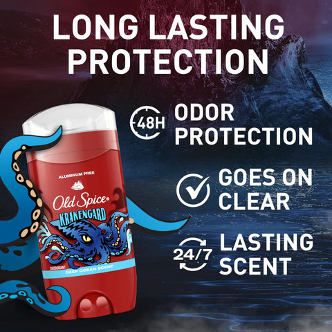 Old Spice Aluminum Free Deodorant for Men, 24/7 Odor Protection, 24/7 Freshness & Lasting Scent, Goes on Clear, Krakengard with Deep Ocean Scent, 3.0 oz (Pack of 3)
