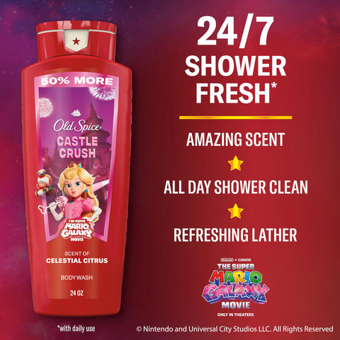 Old Spice Body & Face Wash for Men, x The Super Mario Galaxy Movie, 3X Defense, 24/7 Shower Fresh with Long Lasting Scent, Smell Super with Castle Crush, Celestial Citrus Scent, 24 oz